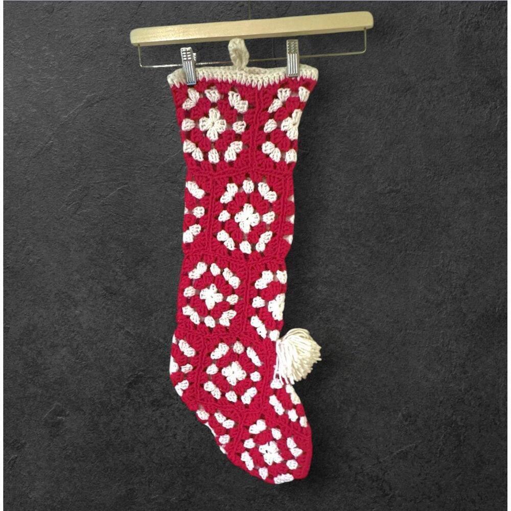 Handmade Crochet Christmas Stocking Granny Square Style Red White Pompom Bell - Picture 1 of 7